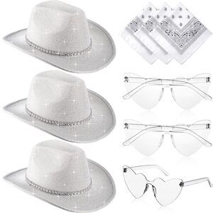 5353 9 Pack Western Cowboy Hat With Paisley Print Bandanas Heart Sunglasses